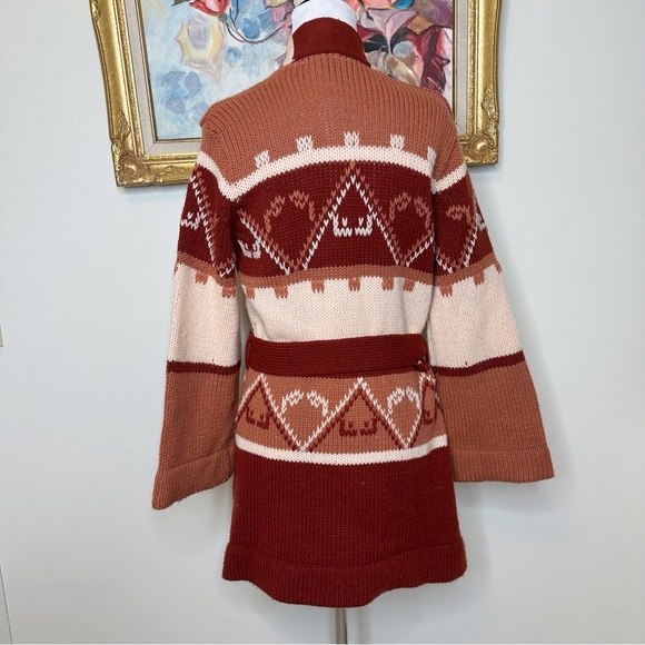 Vintage 70s Aztec Knit Belted Cardigan Sweater Size Medium - Picture 5 of 9
